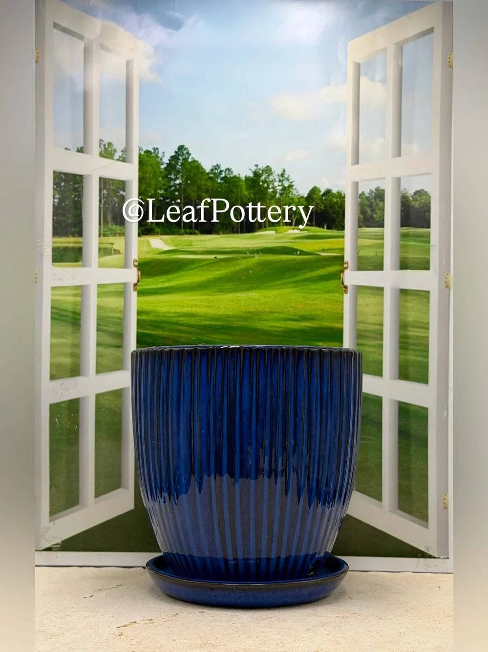 Cobalt Blue Ceramic Planter with Saucer, 7 Inch Rippled Pot with Drainage
